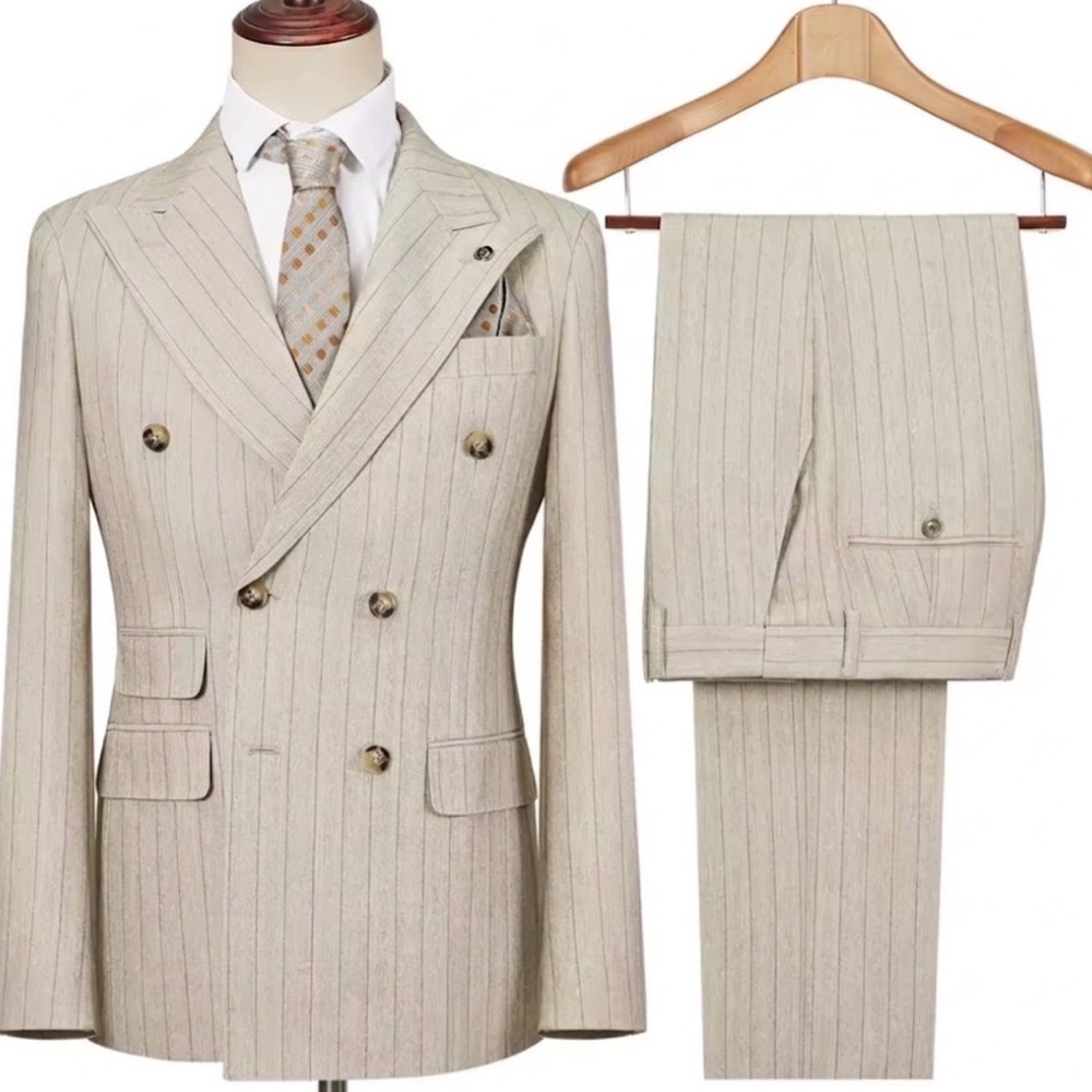 Classic Men's Double-Breasted Pinstripe Suit in Light Beige